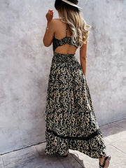 Leopard Print Sleeveless Maxi Dress with Lace Trim