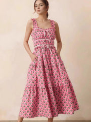Floral Print Ruffled Midi Dress with Pockets