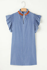 Stripe Frilly Split Neck Shirred Ruffle Sleeve Short Shift Dress