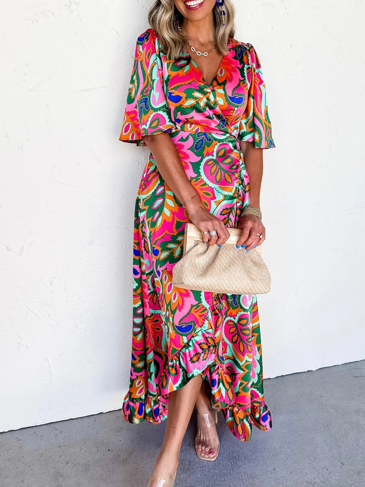 Floral Print Wrap Maxi Dress with Ruffle Details