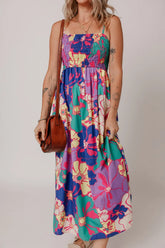 Floral Print Shirred Spaghetti Strap Loose Maxi Dress