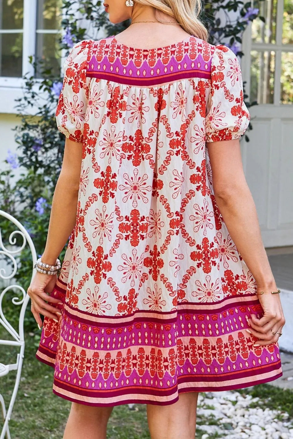 Boho Floral Short Sleeve Tie Neck Mini Dress