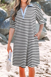 Stripe Contrast V Neck Collared Puff Sleeve T Shirt Mini Dress with Pockets