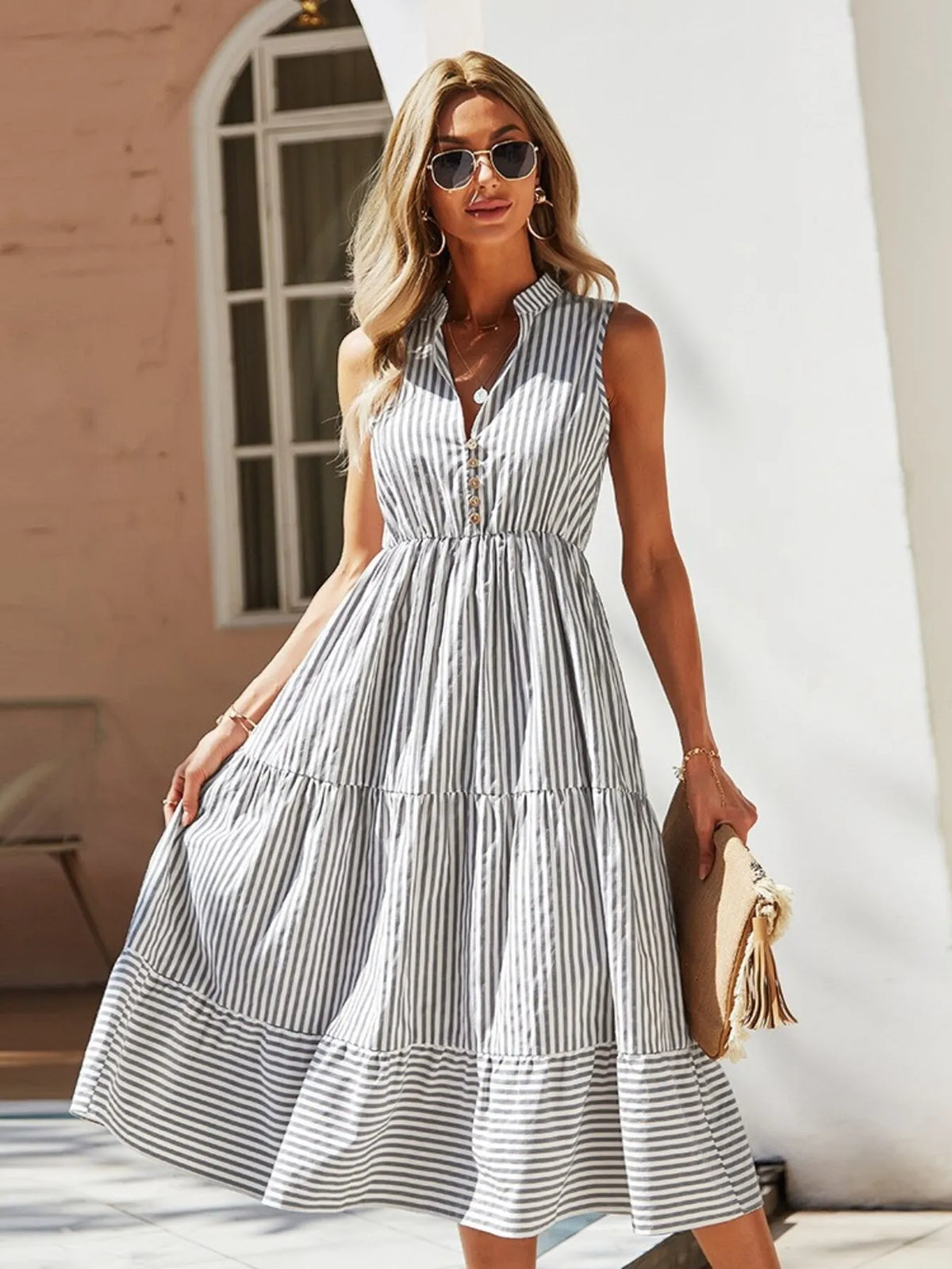 Striped Sleeveless Tiered Midi Dress