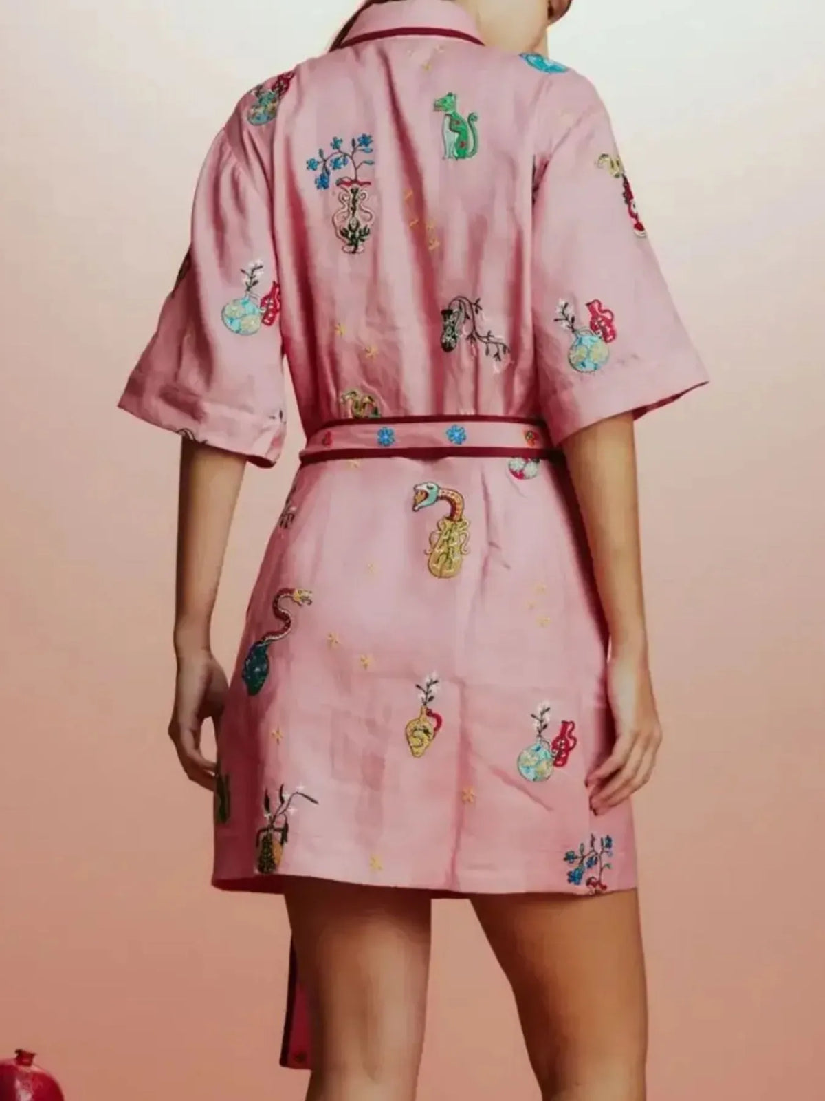 Printed Tie Waist Half Sleeve Shirt Dress