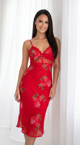 Scarlet Floral Print Midi Dress - Red