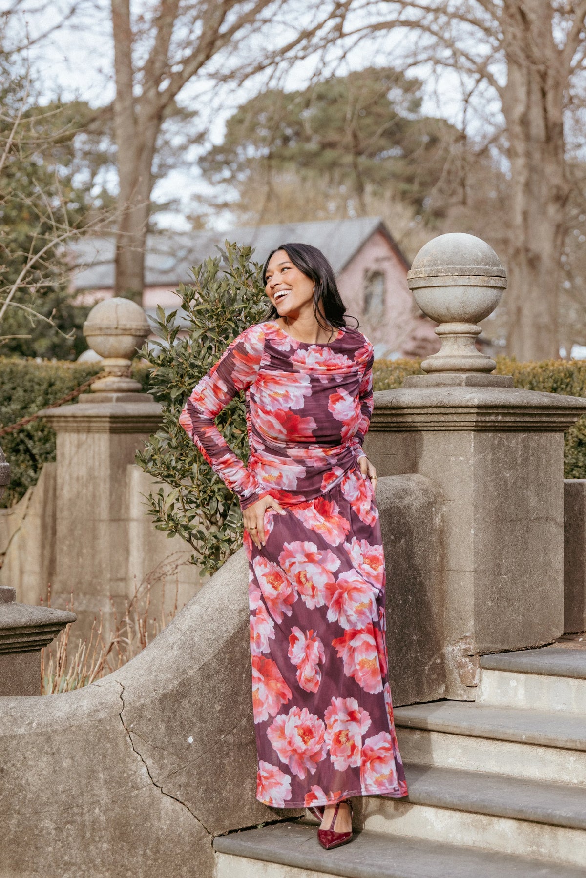 Calypso Long Sleeve Maxi Dress - Burgundy Peony