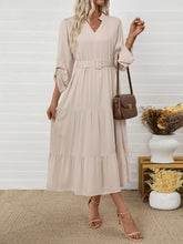 Tiered Notched Belted Midi Dress