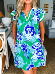 Green Floral Ruffle Puff Sleeve Neckline Dress