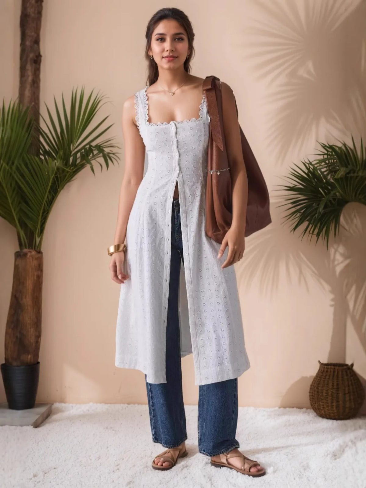 Lace Trim Button Front Square Neck Midi Dress