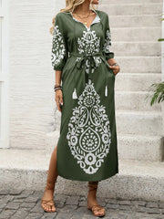 Side Slit Printed Tie Neck Dress