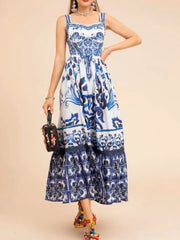 Smocked Printed Wide Strap Dress