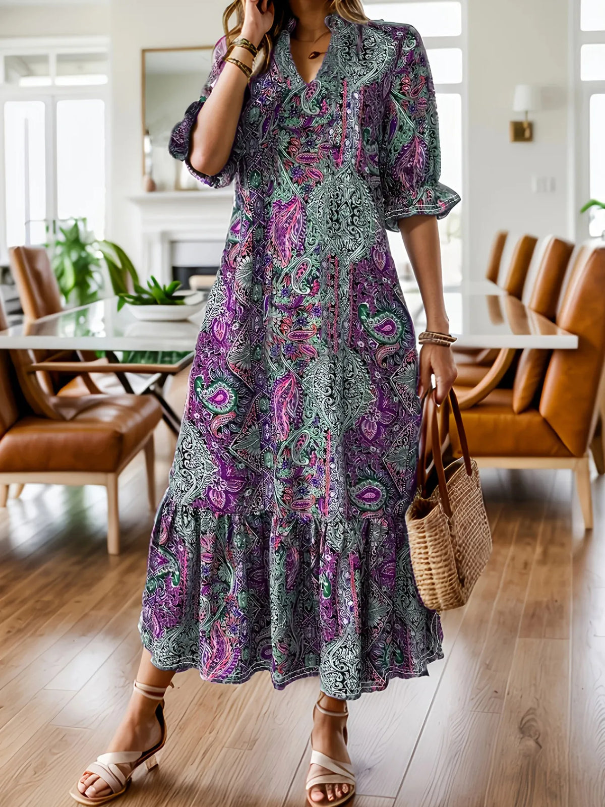 Full Size Bohemian Paisley Print Ruffle Hem Midi Dress Plus Size