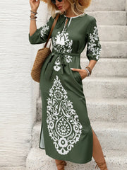 Side Slit Printed Tie Neck Dress