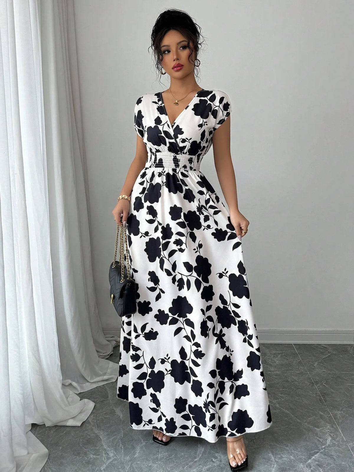 Printed Surplice Cap Sleeve Maxi Dress