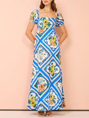Printed Square Neck Puff Sleeve Maxi Dress