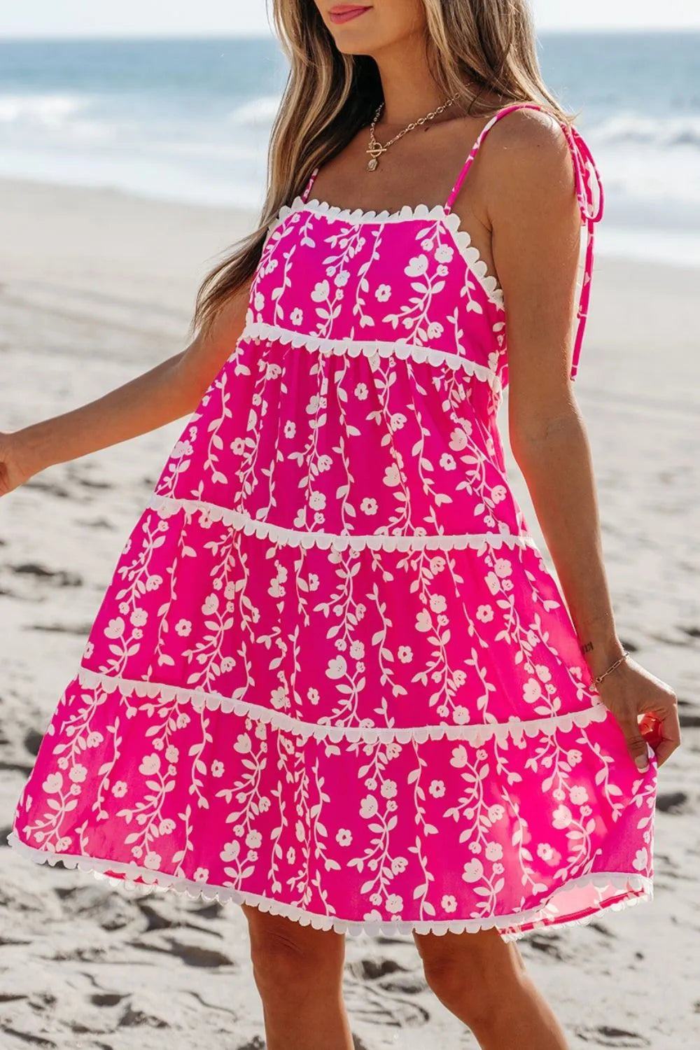 Floral Print Ric Rac Patched Sleeveless Mini Dress