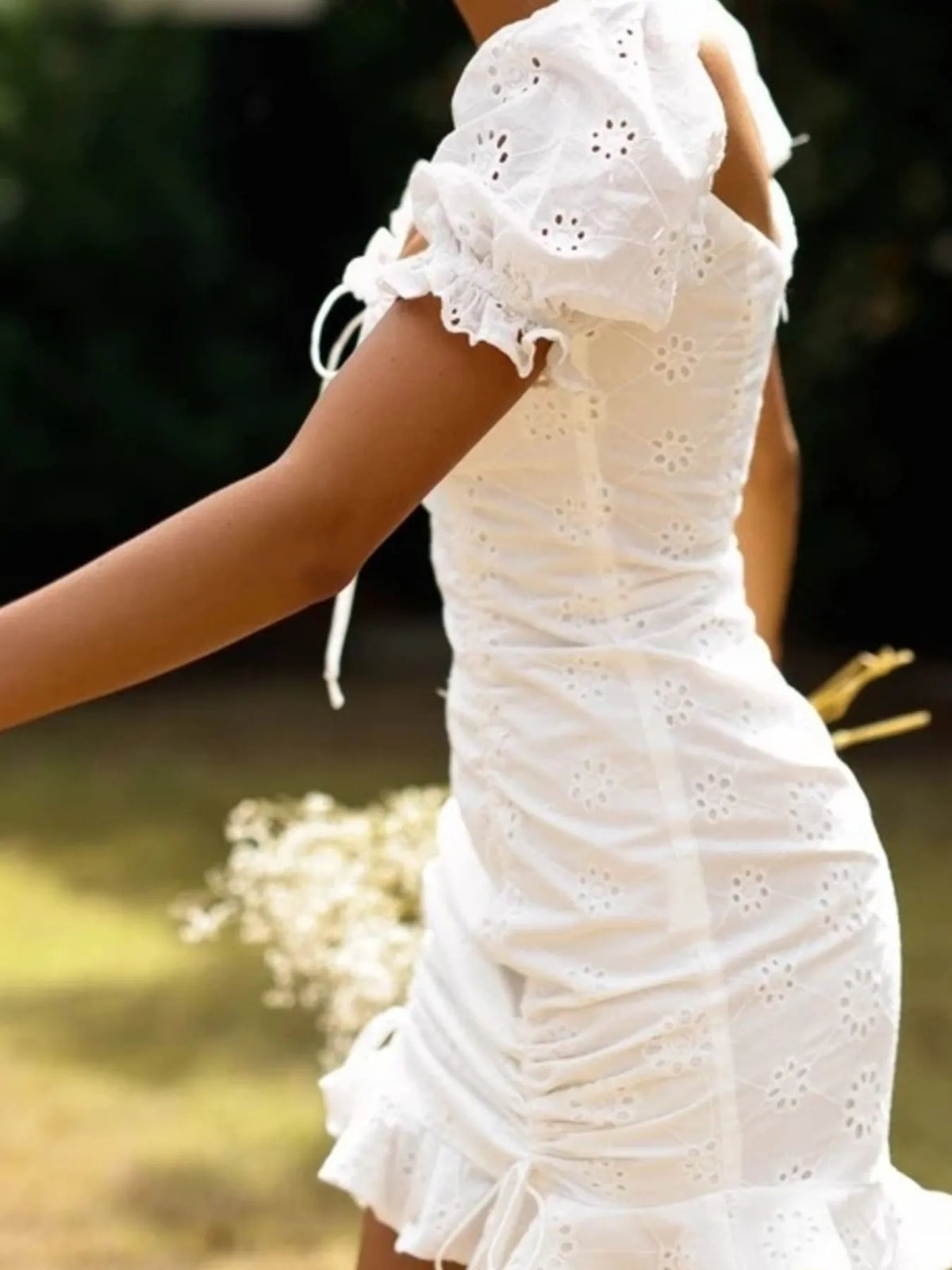 Eyelet Ruffled Hem Lace Up Mini Dress