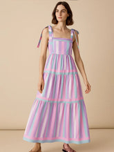 Striped Tiered Maxi Summer Dress with Bow Shoulder Ties