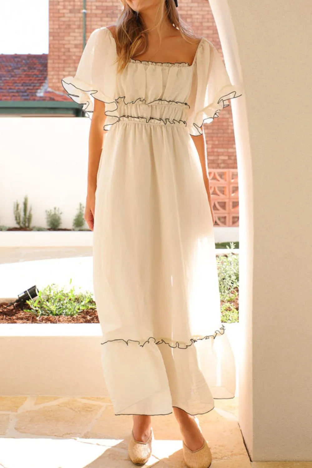 Square Neck Short Sleeve Midi Dress