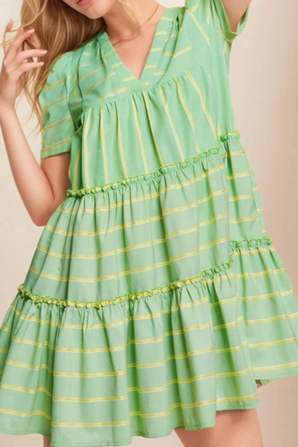 Stripe V Neck Short Sleeve Frilled Detail Dress
