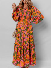 Smocked Floral Print Long Sleeve Maxi Dress