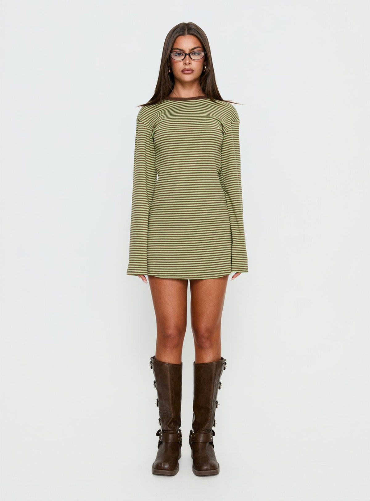 Lulolah Long Sleeve Mini Dress Green / Chocolate Stripe