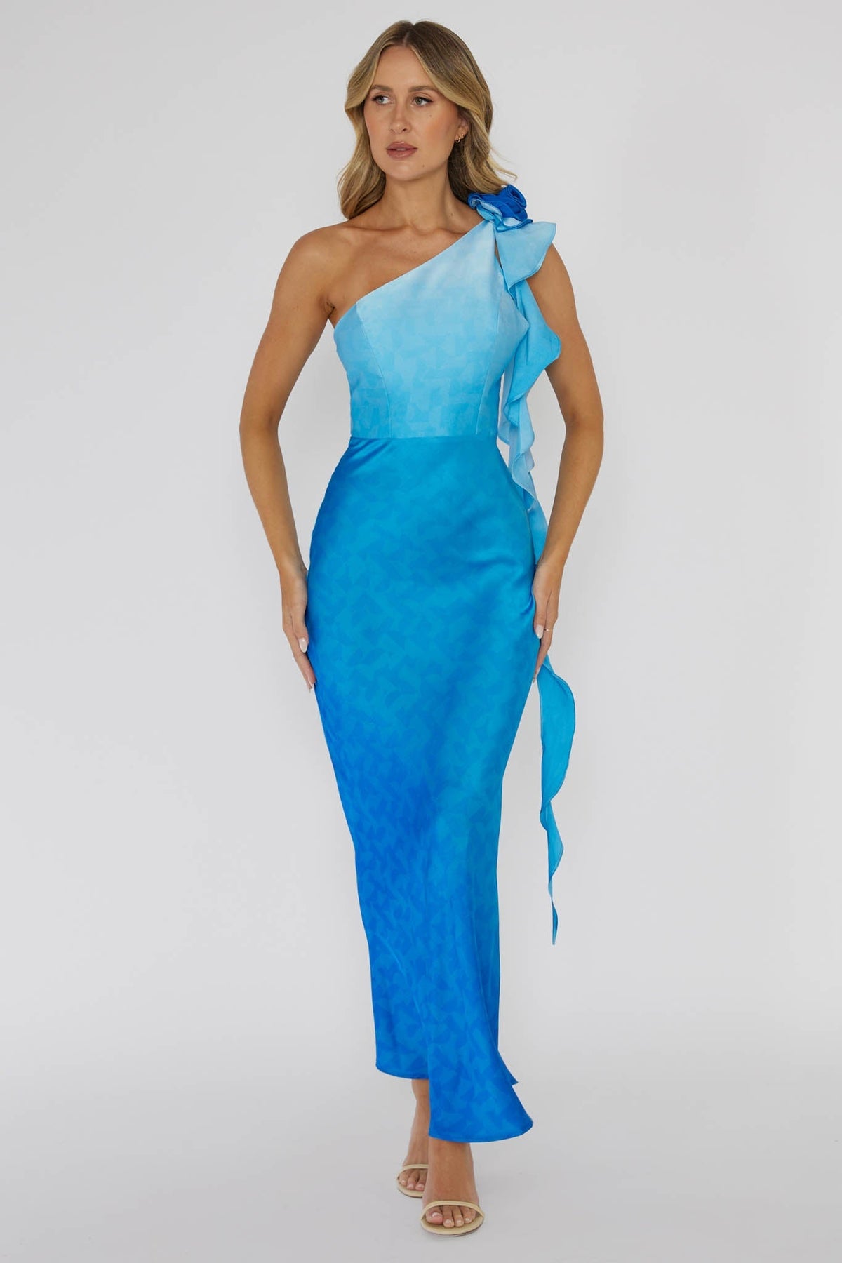 Mariyan One Shoulder Rose Maxi Dress Blue