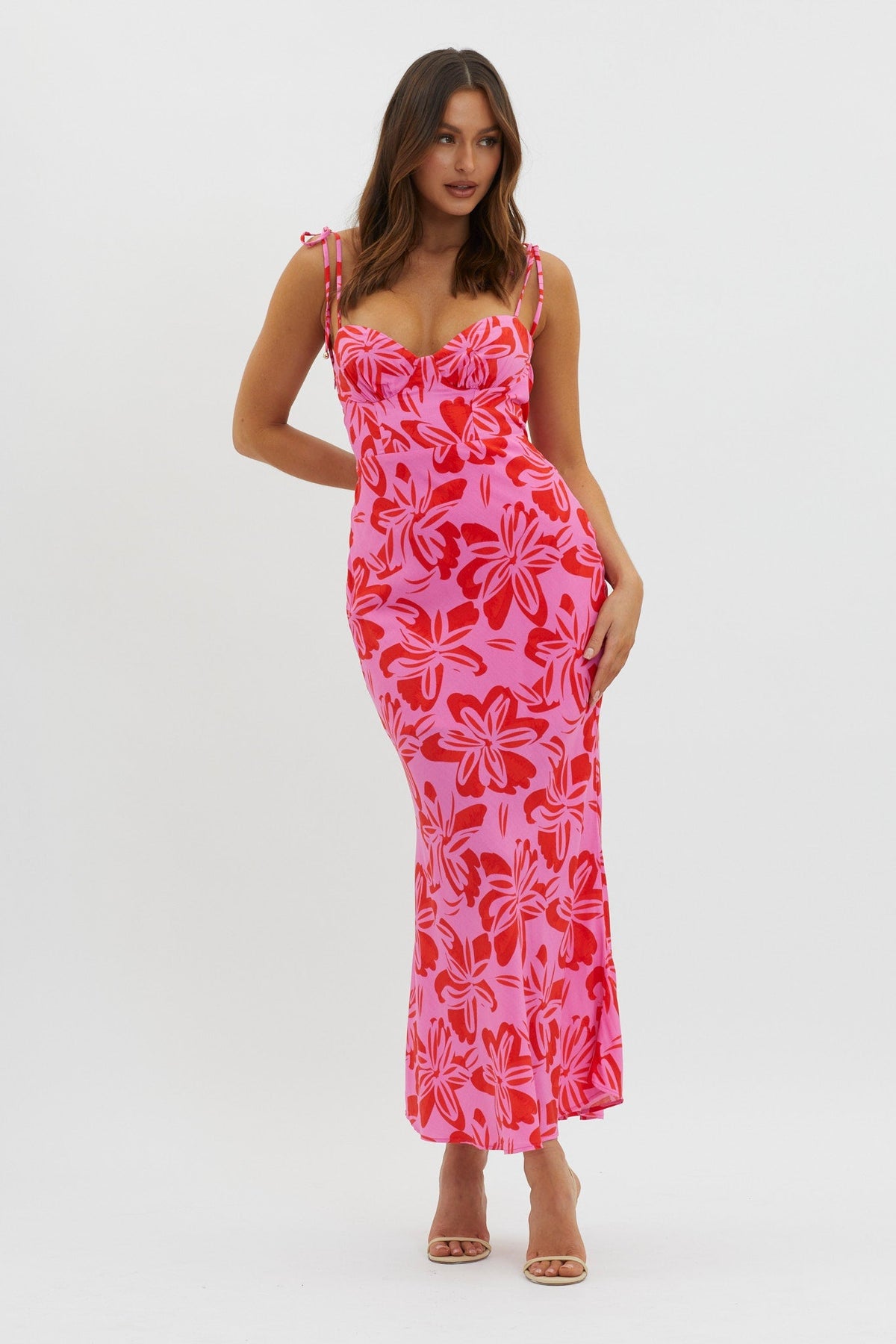 Luau Tied Shoulder Print Dress Pink