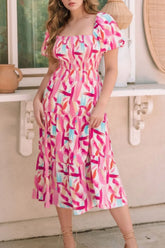 Geometric Print Puff Sleeve Square Neck Midi Dress