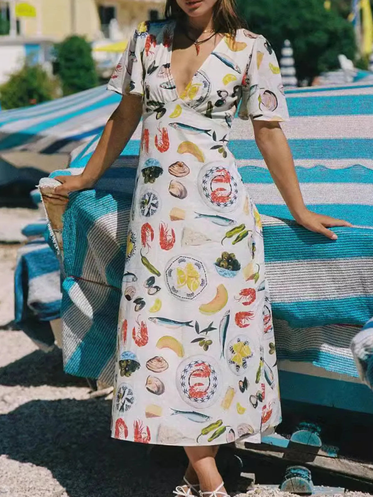 Printed V-Neck Short Sleeve Dress