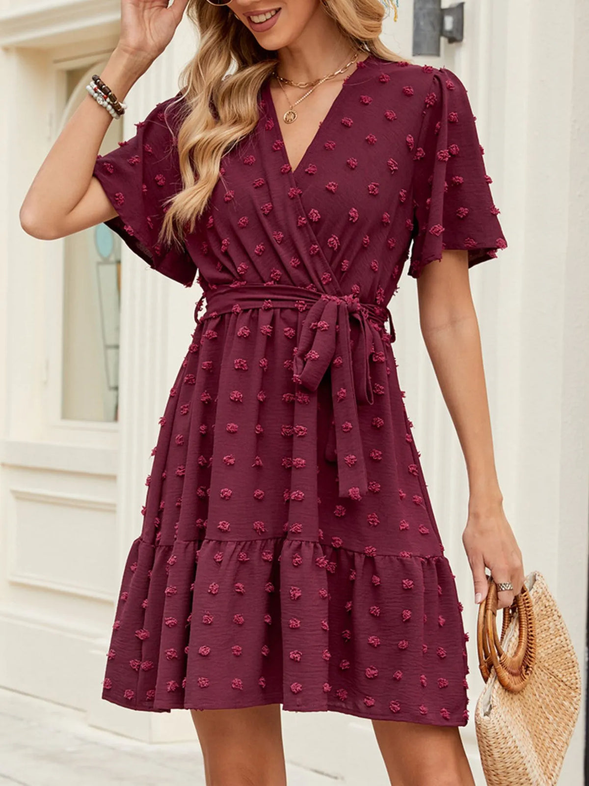 Swiss Dot Flutter Sleeve Wrap Dress