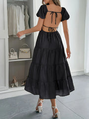 Backless Tiered Puff Sleeve Midi Dress
