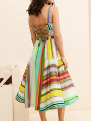 Colorful Striped Spaghetti Strap Midi Dress