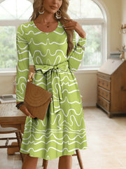 Wave Print Long Sleeve Tie Waist Dress