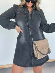Full Size Button Front Long Sleeve Denim Dress Plus Size