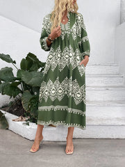 Printed Notched Midi Dress with Pockets