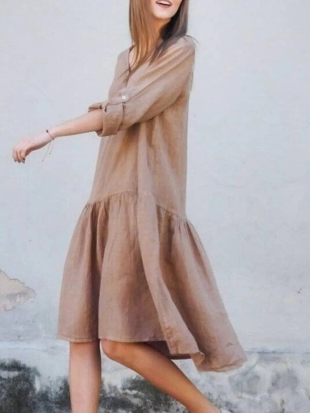 V-Neck Tiered Button Front Dress