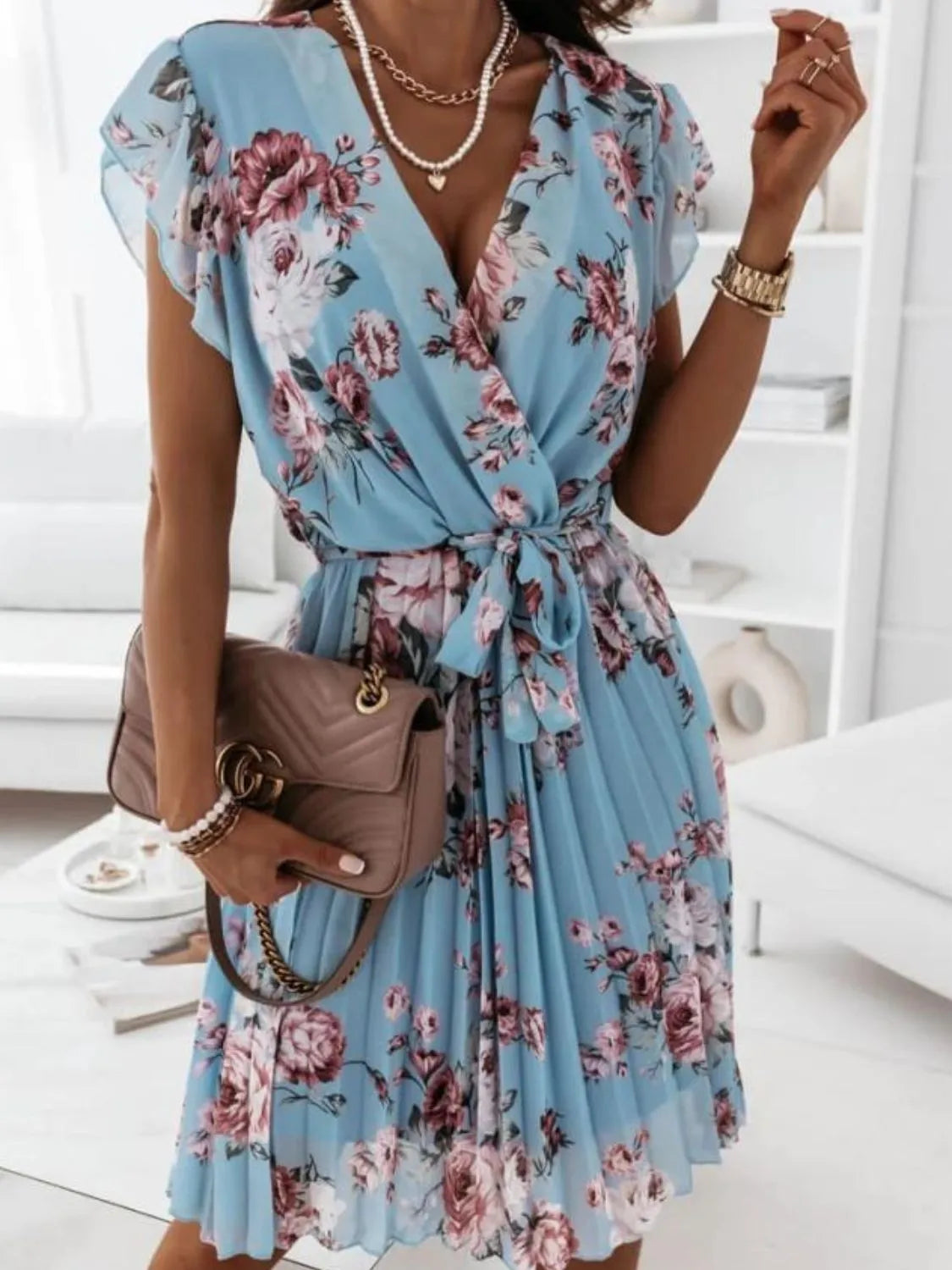 Floral Surplice Ruffled Cap Sleeve Dress