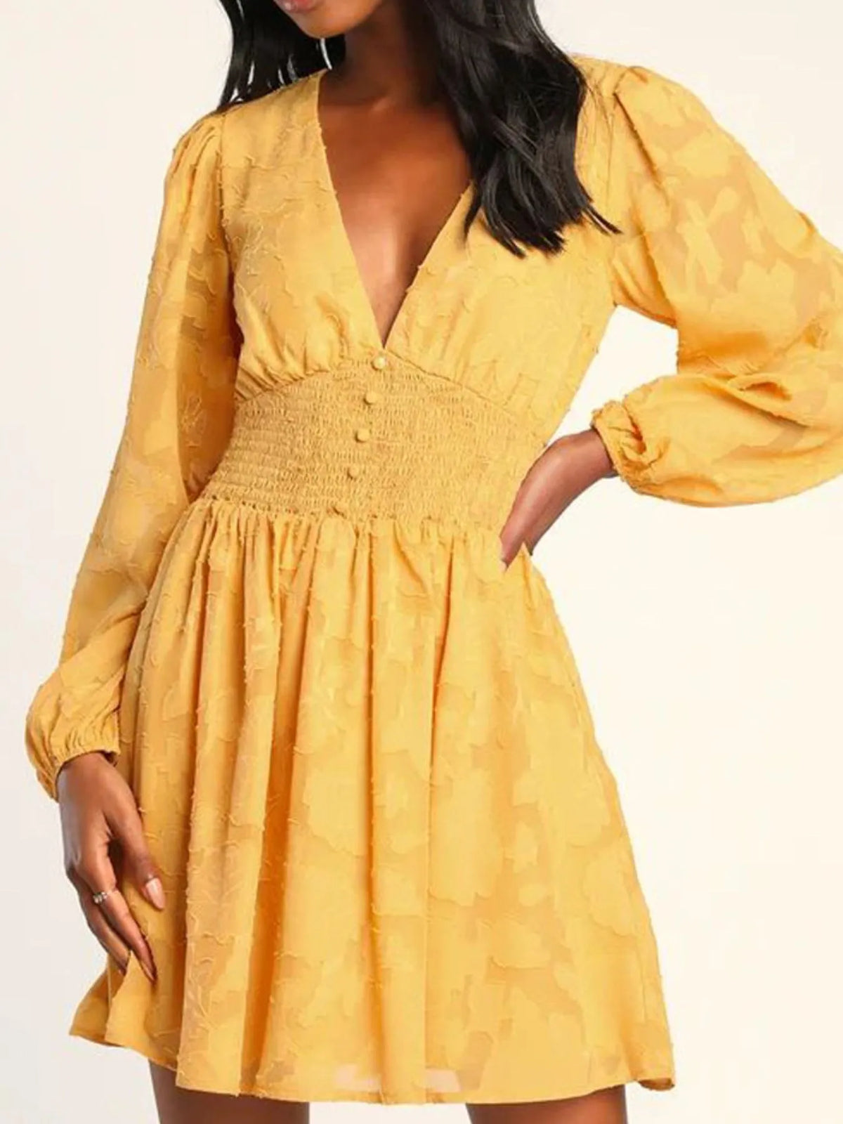 Smocked V-Neck Balloon Sleeve Dress