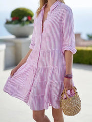 Full Size Striped Button-Down Shirt Dress with Tiered Ruffle Hem Plus Size