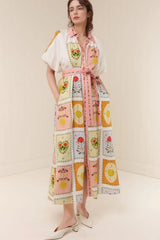 Printed Short Sleeve Belted Maxi Dress