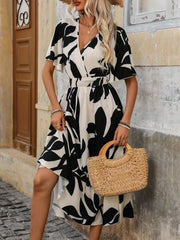 Printed Surplice Short Sleeve Midi Dress
