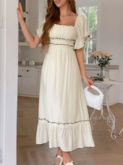 Square Neck Puff Sleeve Ruffle Trim Maxi Dress