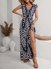 Printed V-Neck Cap Sleeve Maxi Dress