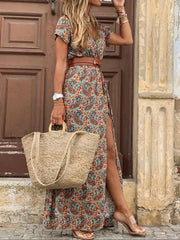 Full Size Printed V-Neck Short Sleeve Maxi Dress Plus Size
