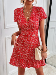 Printed Ruffled Hem V-Neck Short Sleeve Mini Dress