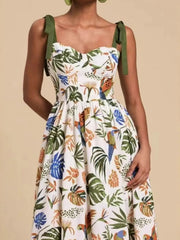 Tropical Print Tie-Shoulder Sweetheart Neck Midi Dress