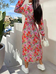 Floral Print Long Sleeve V-Neck Dress