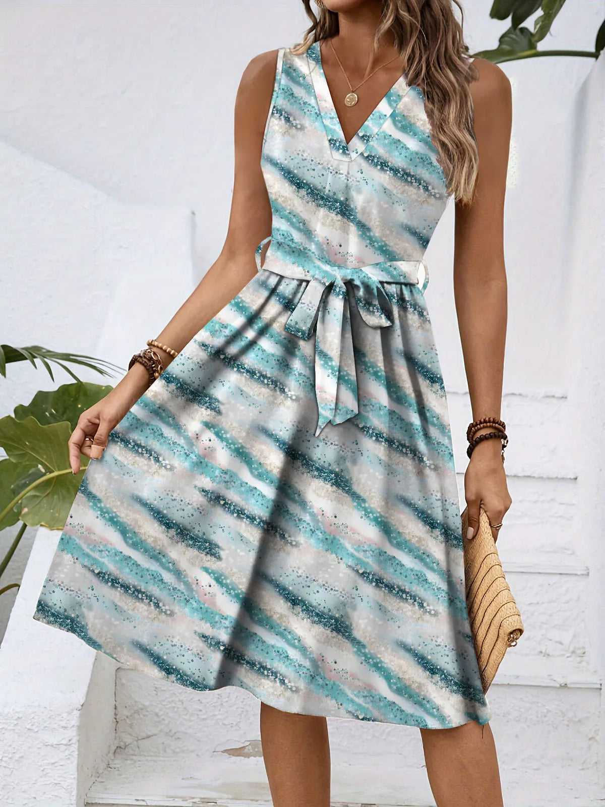 V-Neck Sleeveless Tie Waist Dress